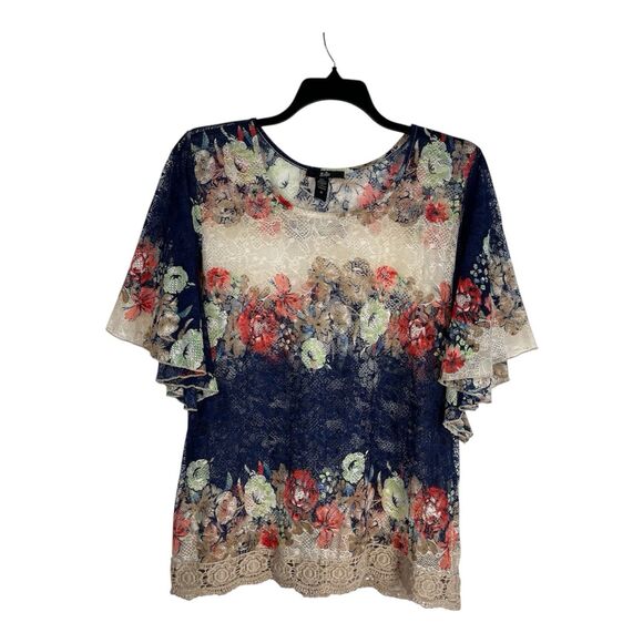 RAIN Lace Top Women's 1X Floral Kimono Sleeve Blouse Round Neck Ruffles Boho - Picture 2 of 8